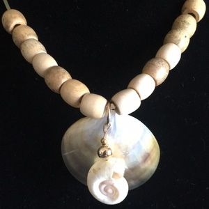 Wood Bead Necklace Abalone Sea Shell pendant N11